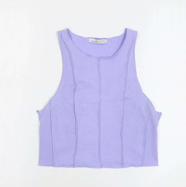 Pull&Bear Womens Purple Polyester Cropped Tank Size L Round Neck