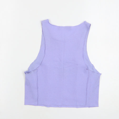 Pull&Bear Womens Purple Polyester Cropped Tank Size L Round Neck