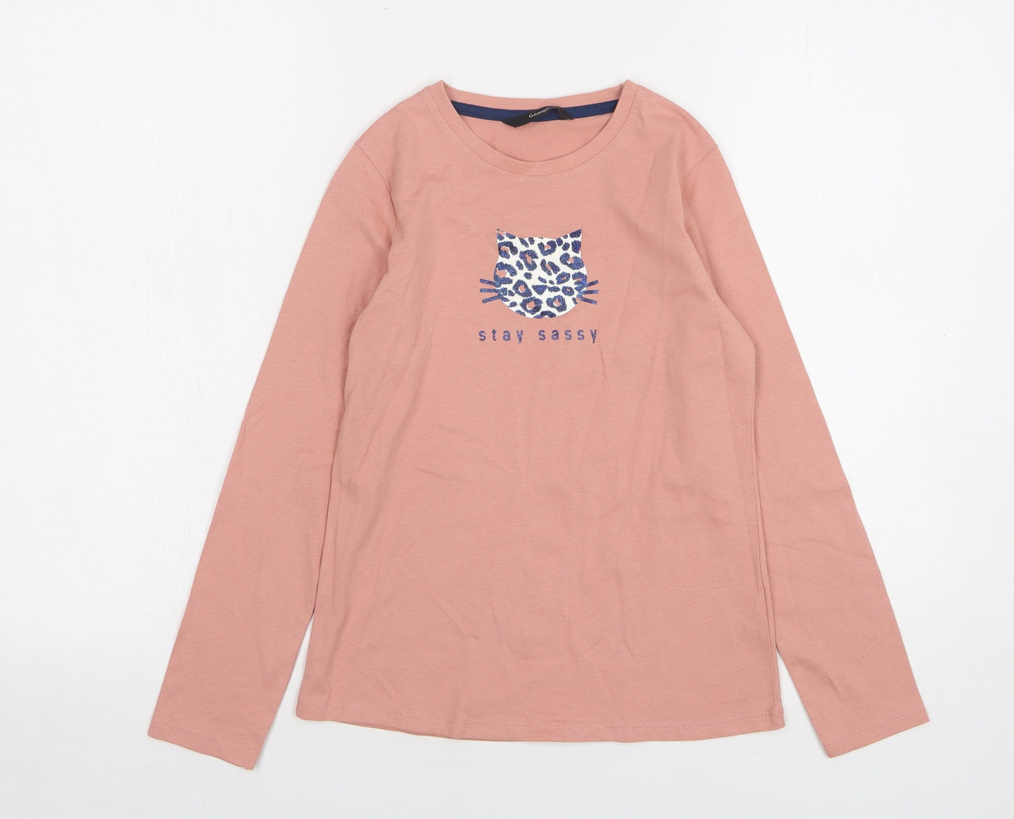 George Girls Pink Animal Print Cotton Basic T-Shirt Size 9-10 Years Round Neck