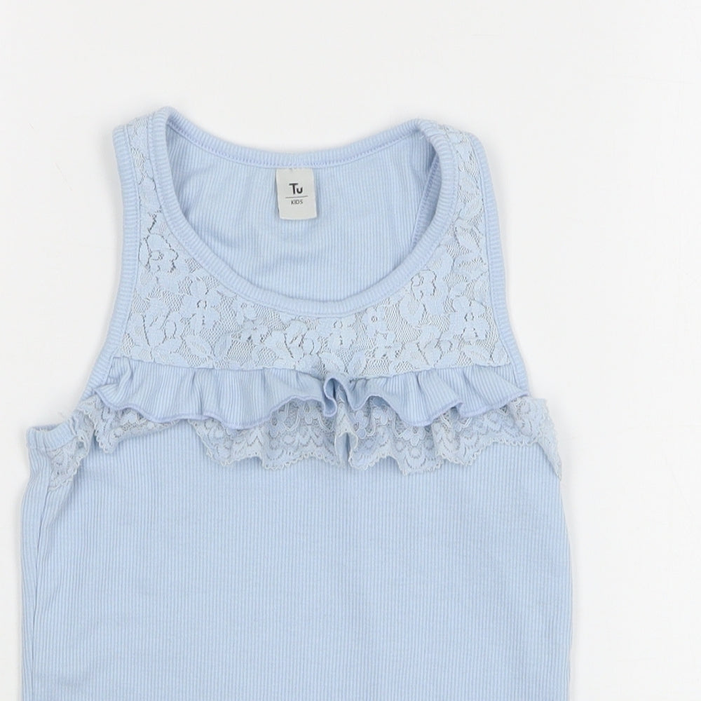 TU Girls Blue Floral Polyester Basic Tank Size 8 Years Round Neck
