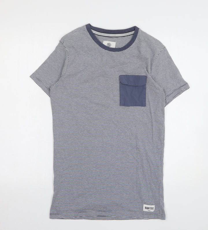 Nanny State Womens Blue Striped Cotton Basic T-Shirt Size S Round Neck