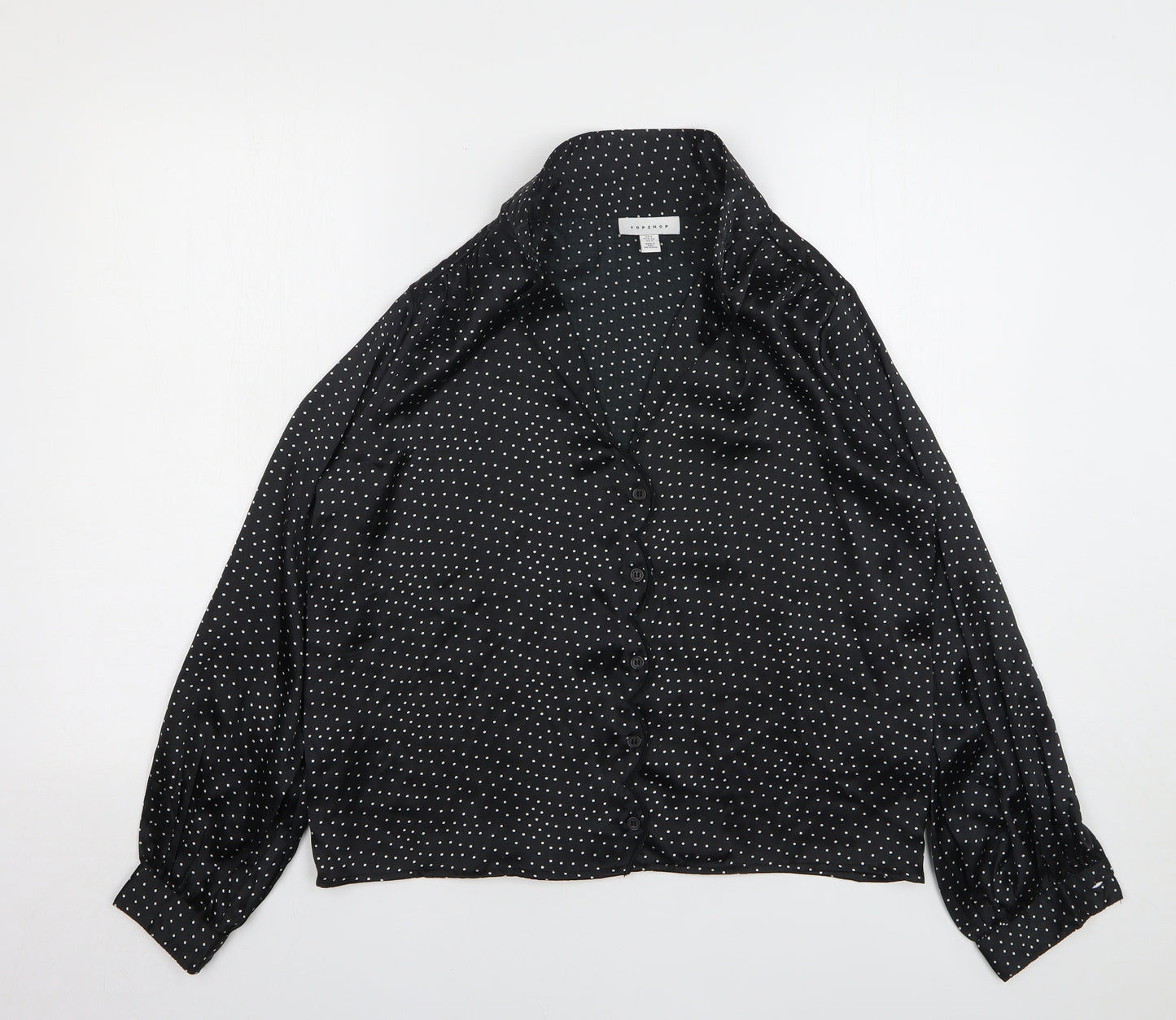 Topshop Womens Black Polka Dot Polyester Basic Button-Up Size 6 Collared