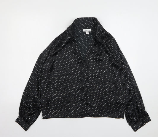 Front view of Topshop women’s black polka dot polyester basic button-up, size UK 6, collared