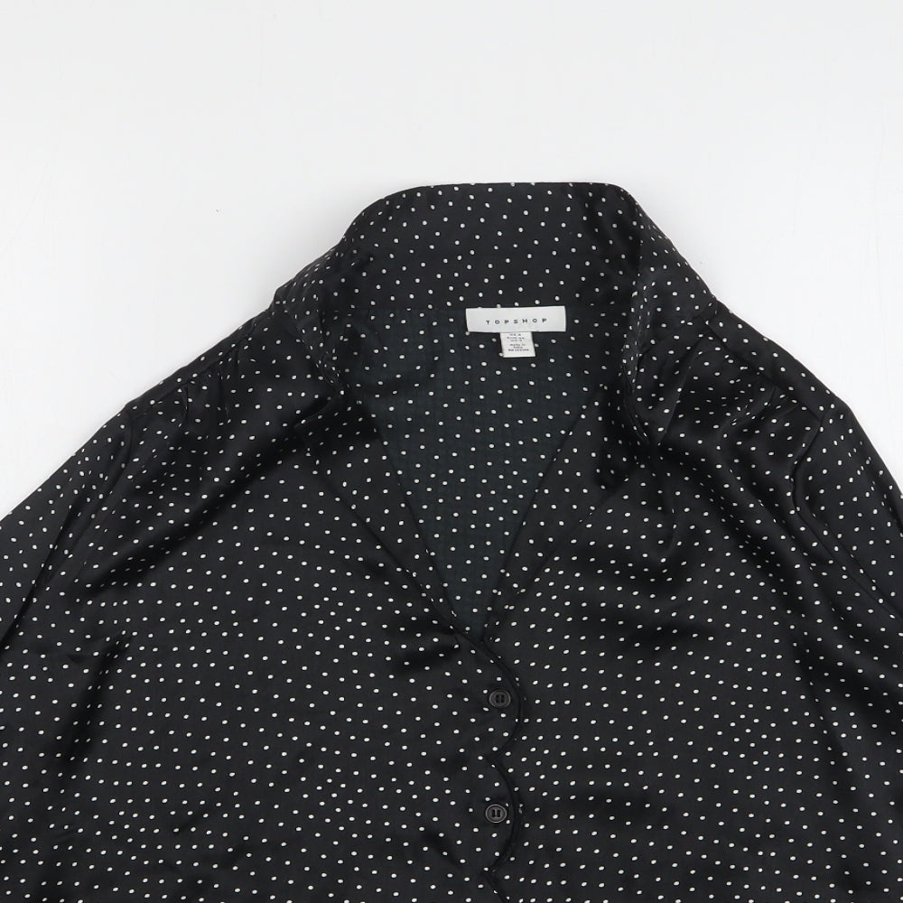 Topshop Womens Black Polka Dot Polyester Basic Button-Up Size 6 Collared