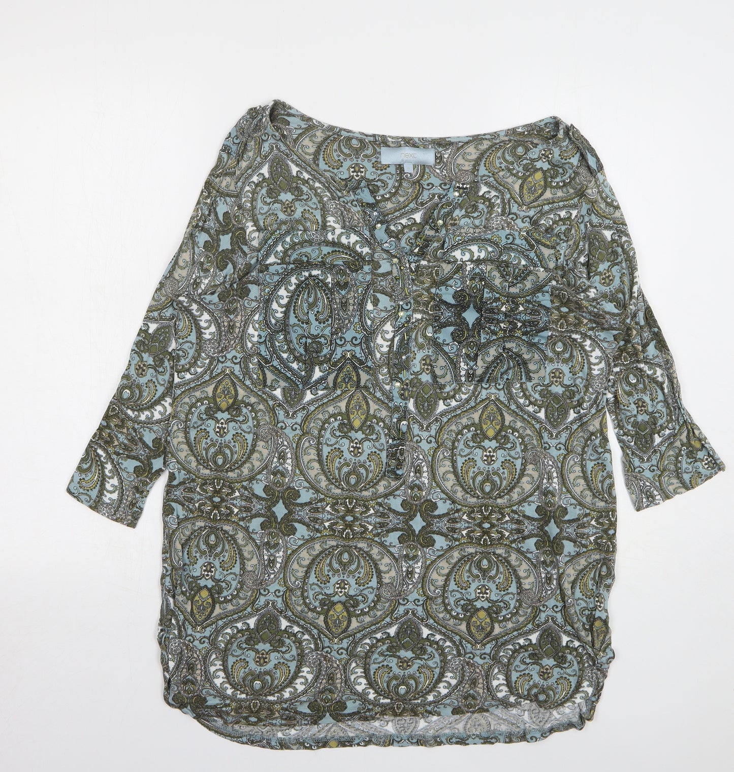 NEXT Womens Green Paisley Viscose Basic T-Shirt Size 14 V-Neck