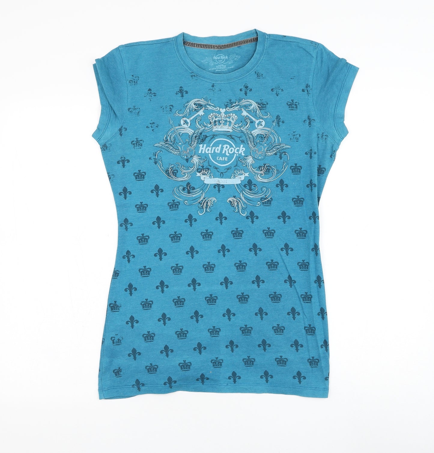 Hard Rock Cafe Womens Blue Geometric Cotton Basic T-Shirt Size M Round Neck