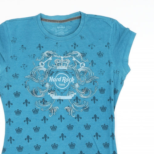 Hard Rock Cafe Womens Blue Geometric Cotton Basic T-Shirt Size M Round Neck