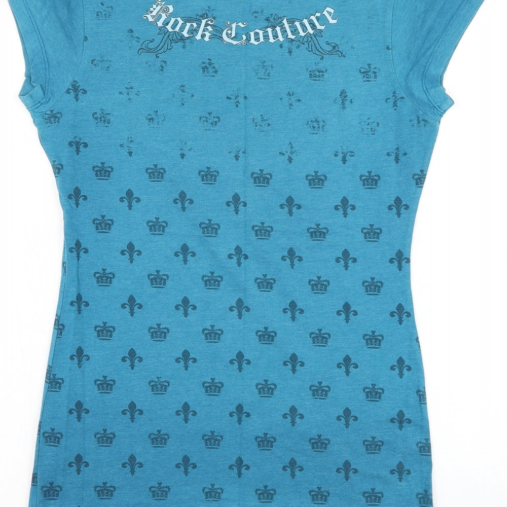 Hard Rock Cafe Womens Blue Geometric Cotton Basic T-Shirt Size M Round Neck