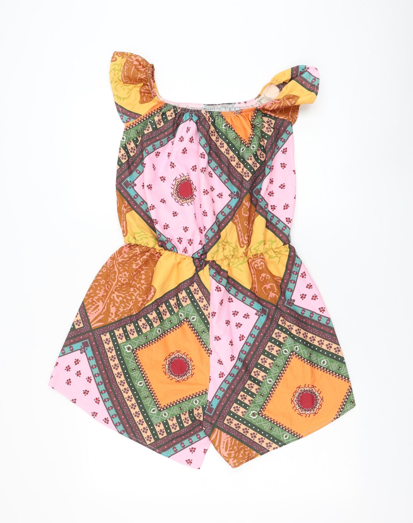 Preworn Womens Orange Geometric Polyester Playsuit One-Piece Size L Pullover