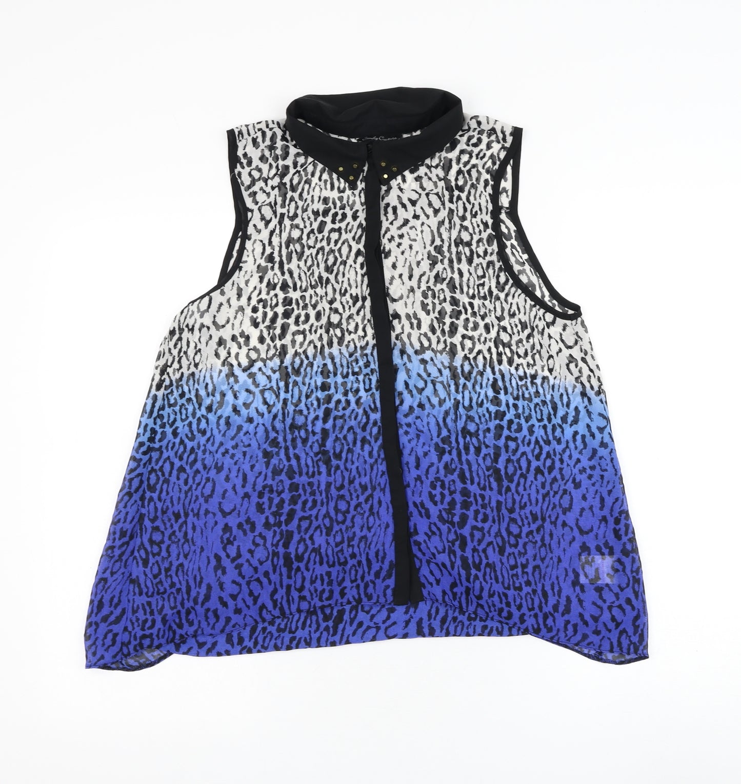 Candy Couture Girls Blue Animal Print Polyester Basic Blouse Size 16 Years Collared Button