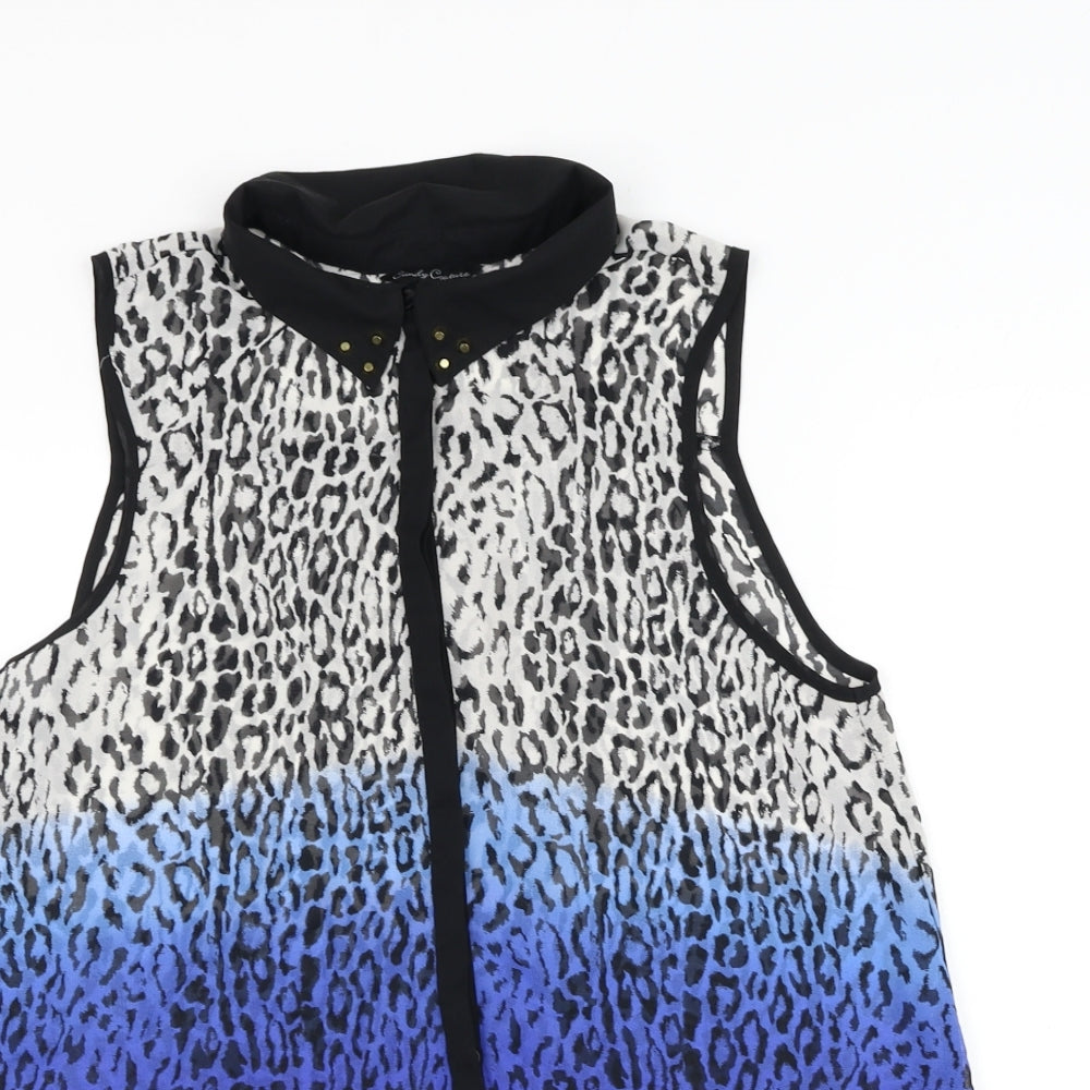 Candy Couture Girls Blue Animal Print Polyester Basic Blouse Size 16 Years Collared Button