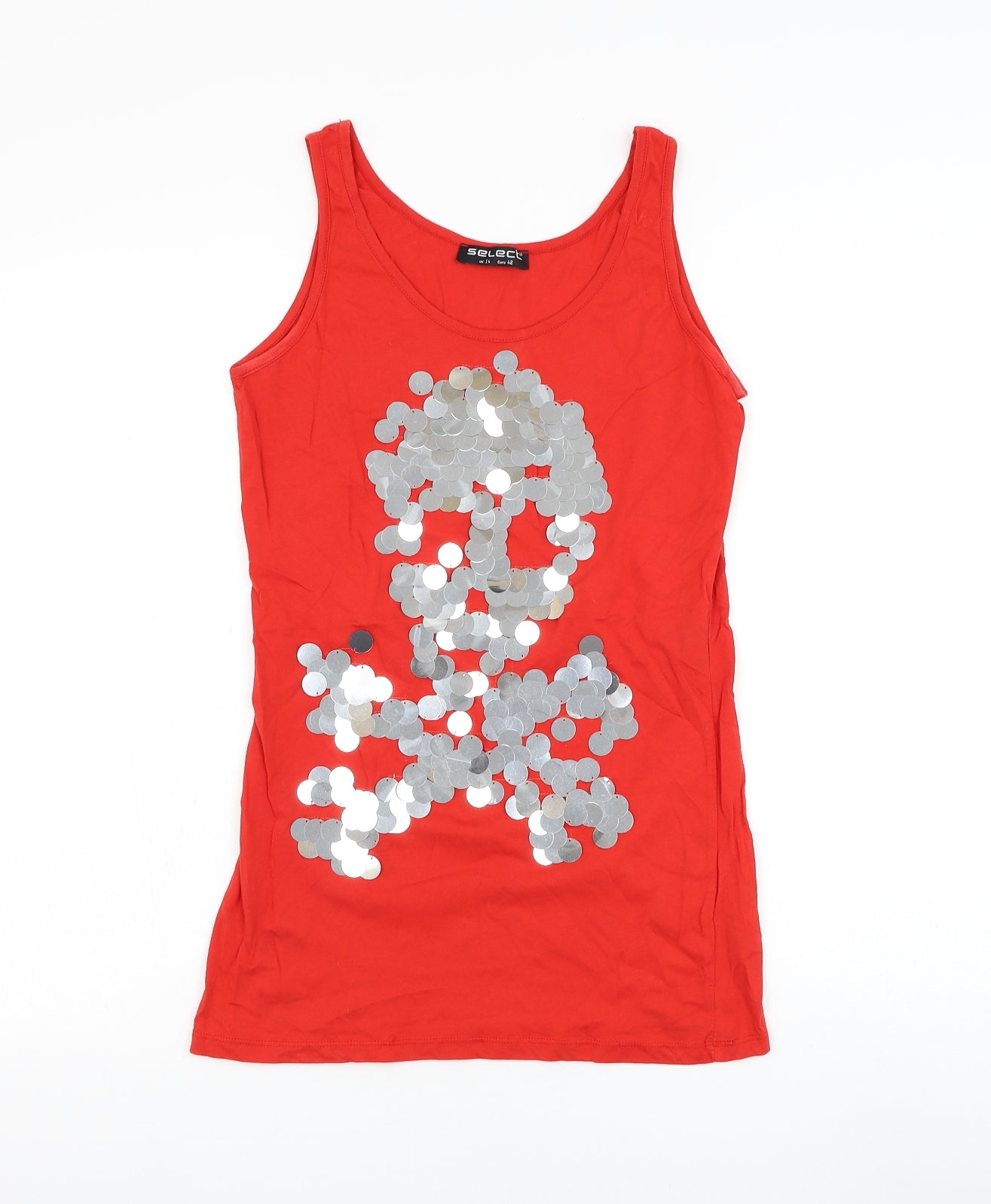 Select Womens Red Cotton Basic Tank Size 14 Round Neck - Skull and cross bones