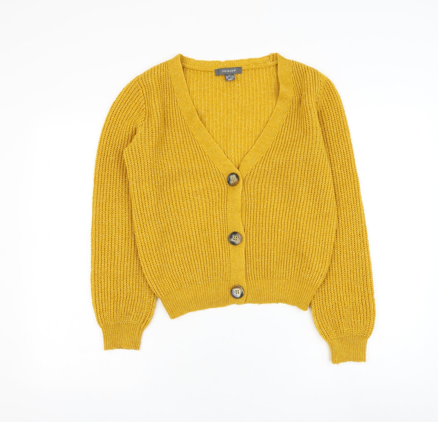 Primark Womens Yellow V-Neck Acrylic Cardigan Jumper Size 6