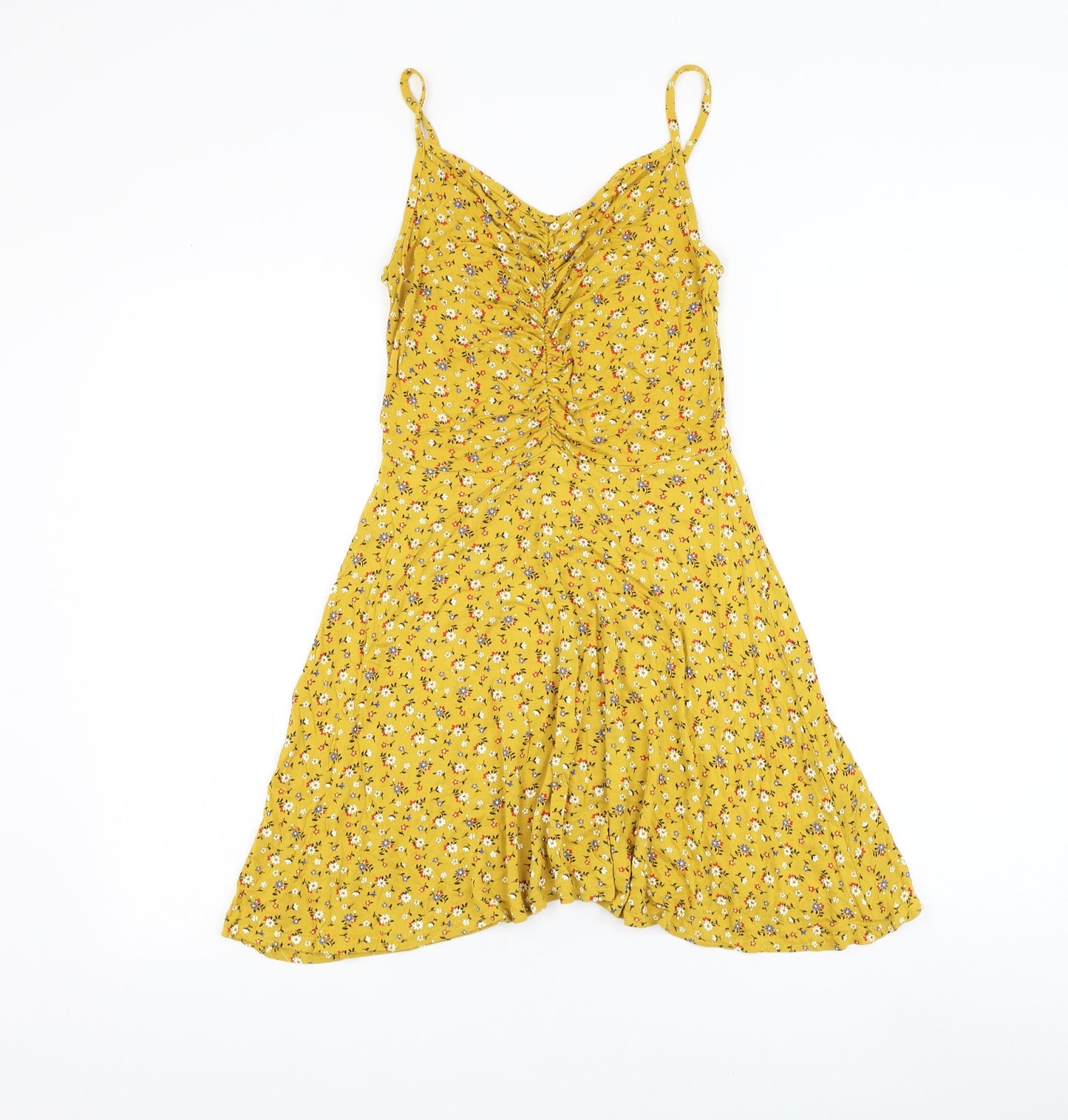 Boohoo Womens Yellow Floral Viscose Skater Dress Size 10 V-Neck Pullover
