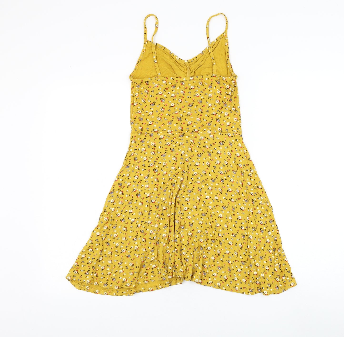 Boohoo Womens Yellow Floral Viscose Skater Dress Size 10 V-Neck Pullover