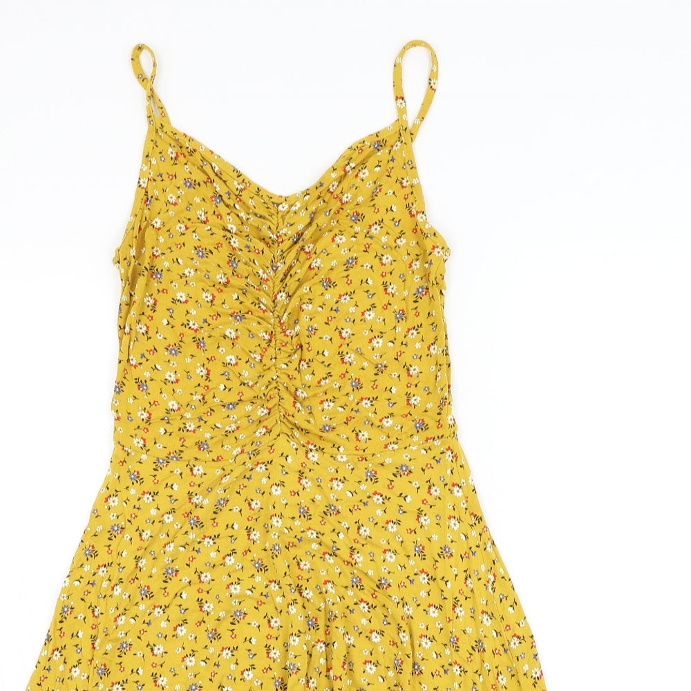 Boohoo Womens Yellow Floral Viscose Skater Dress Size 10 V-Neck Pullover