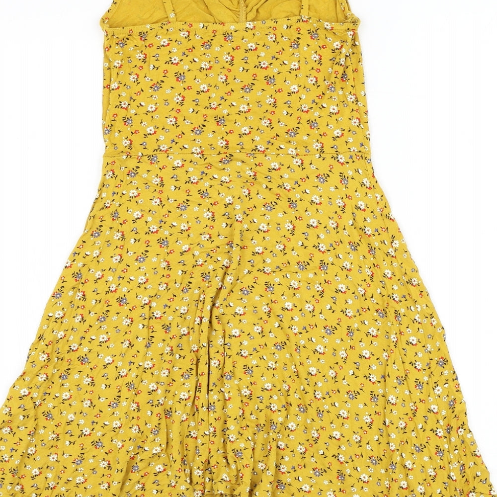 Boohoo Womens Yellow Floral Viscose Skater Dress Size 10 V-Neck Pullover