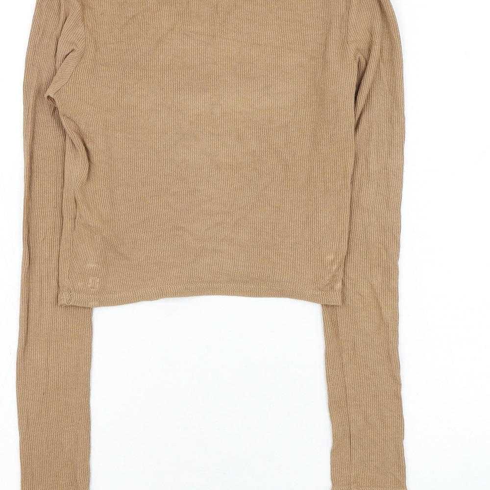 New Look Womens Brown Viscose Cropped T-Shirt Size 8 Round Neck