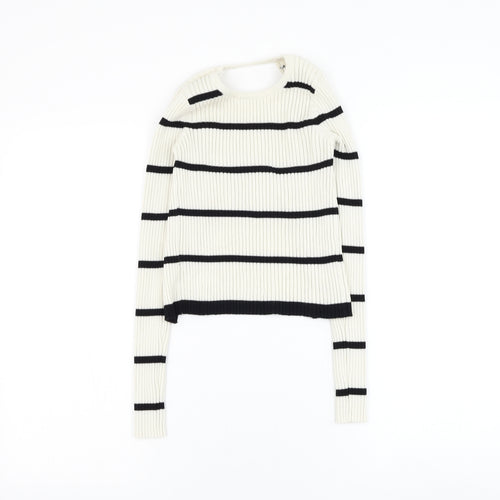 Preworn Womens White Round Neck Striped Polyester Pullover Jumper Size S - Open bac