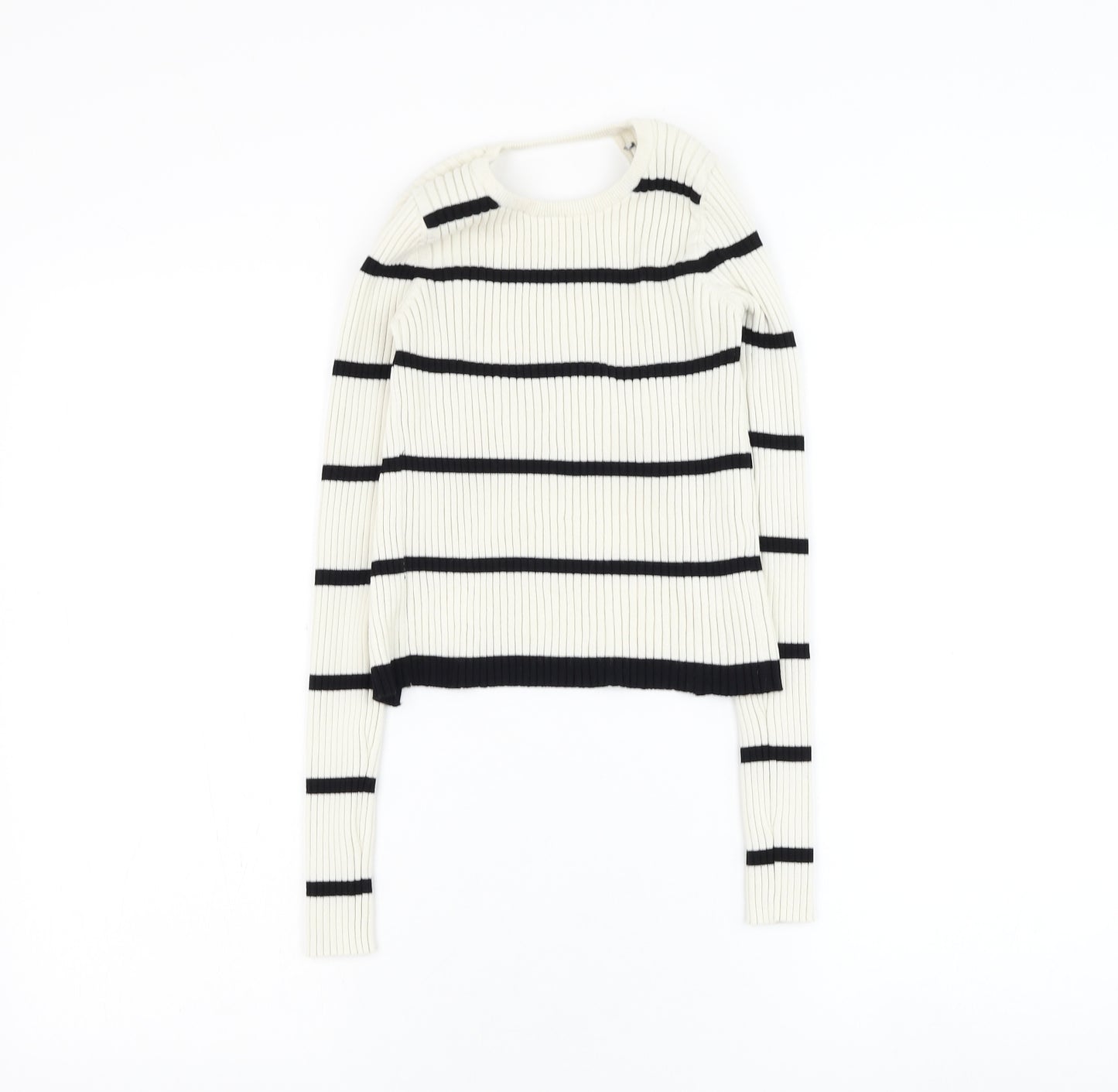 Preworn Womens White Round Neck Striped Polyester Pullover Jumper Size S - Open bac