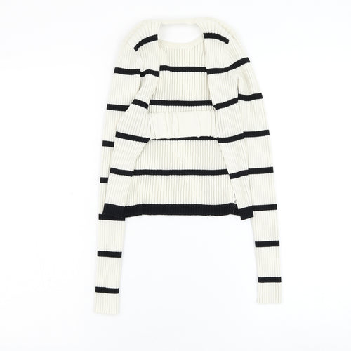 Preworn Womens White Round Neck Striped Polyester Pullover Jumper Size S - Open bac