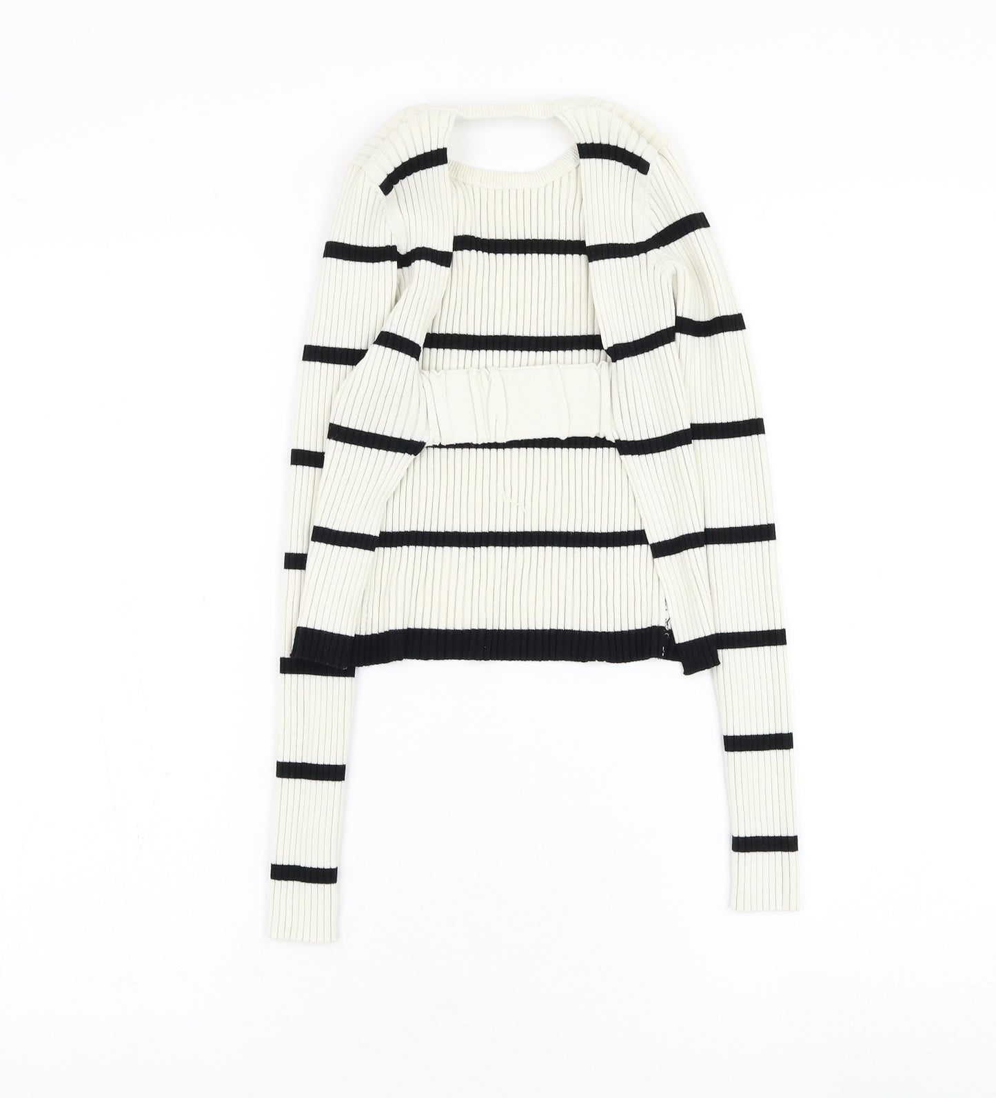 Preworn Womens White Round Neck Striped Polyester Pullover Jumper Size S - Open bac