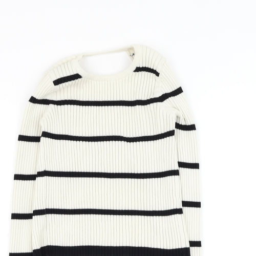 Preworn Womens White Round Neck Striped Polyester Pullover Jumper Size S - Open bac