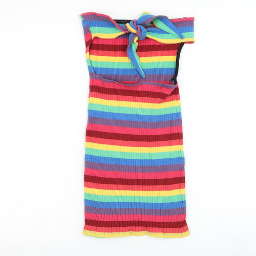 Topshop Womens Multicoloured Striped Cotton Pencil Dress Size 8 Off the Shoulder Tie