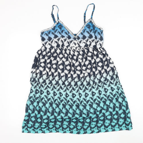 Peacocks Womens Blue Geometric Cotton Shift Size S V-Neck Pullover