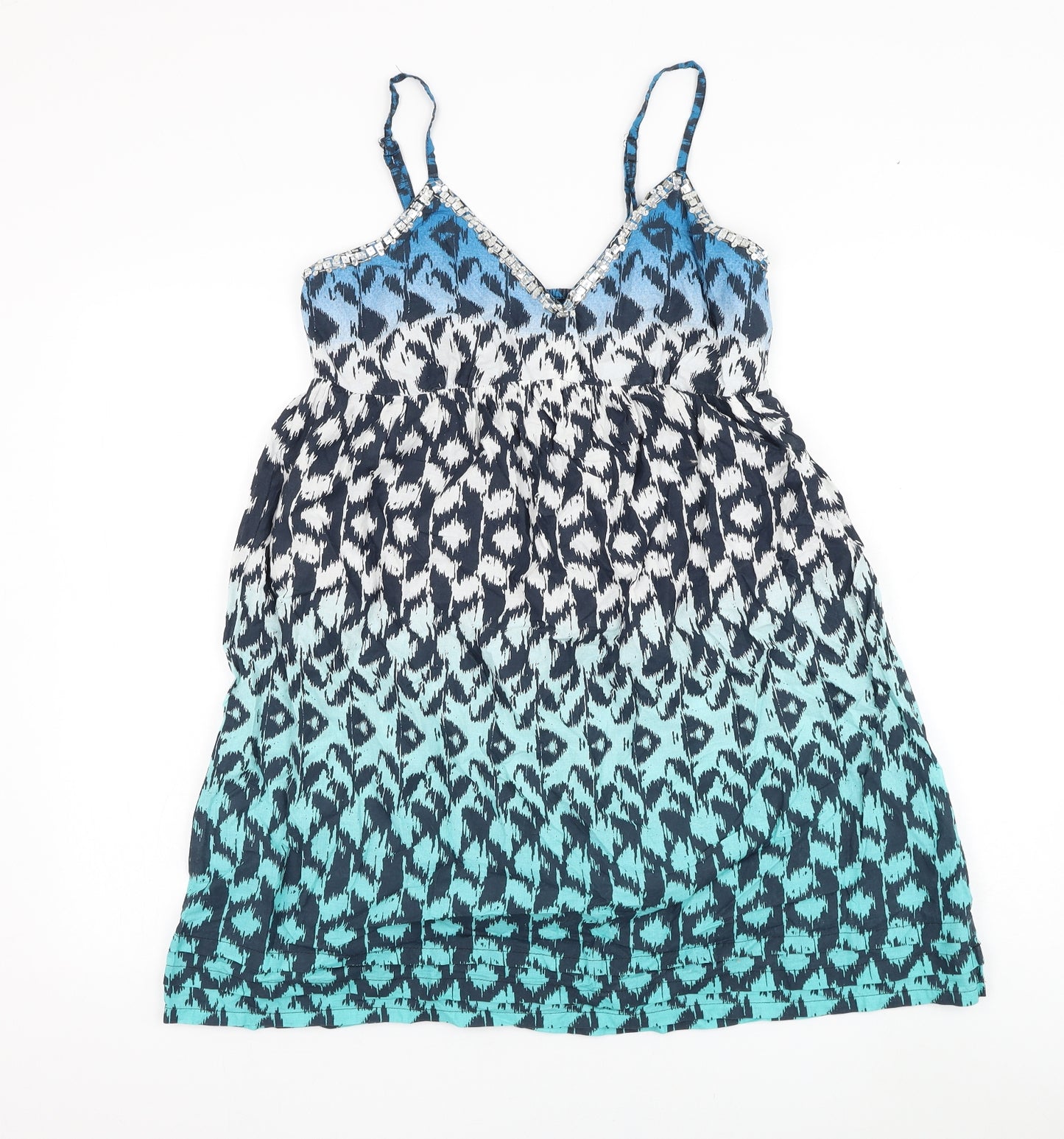 Peacocks Womens Blue Geometric Cotton Shift Size S V-Neck Pullover