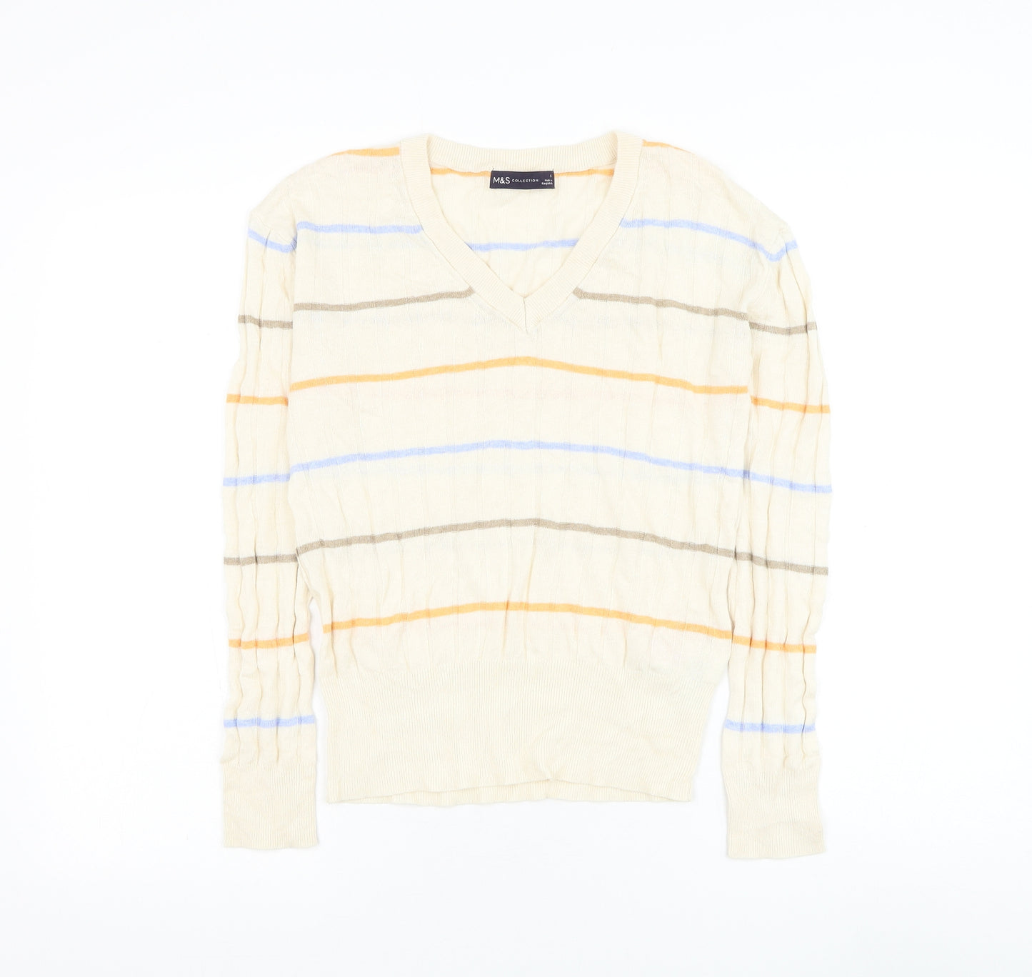 Marks and Spencer Womens Beige V-Neck Striped Viscose Pullover Jumper Size S
