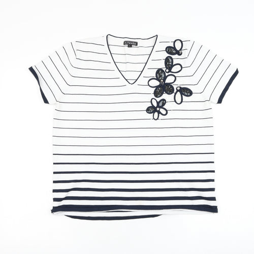 Al Paradise Womens White Striped Viscose Basic Blouse Size L V-Neck - Flower