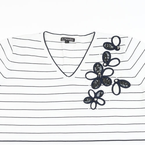Al Paradise Womens White Striped Viscose Basic Blouse Size L V-Neck - Flower