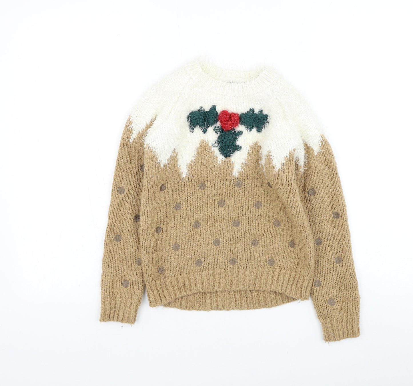 NEXT Girls Brown Round Neck Acrylic Pullover Jumper Size 8 Years Pullover - Christmas Pudding