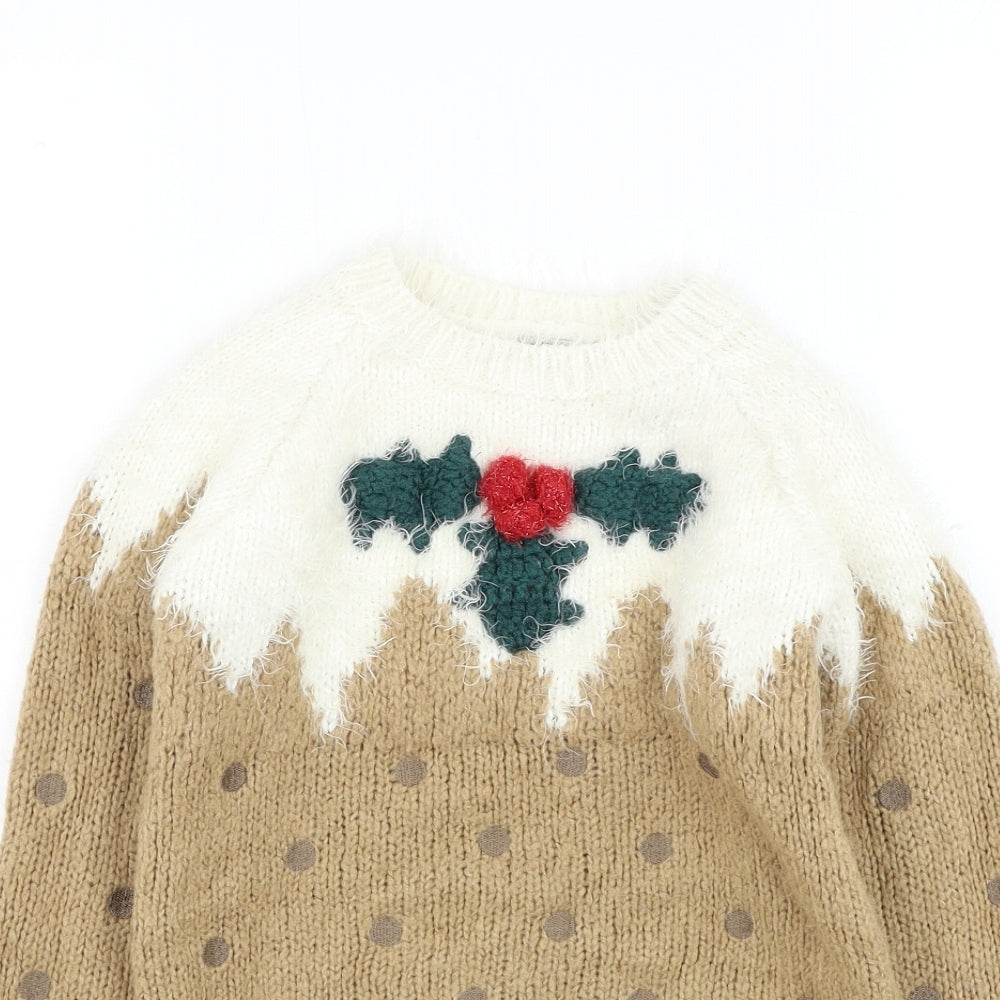 NEXT Girls Brown Round Neck Acrylic Pullover Jumper Size 8 Years Pullover - Christmas Pudding