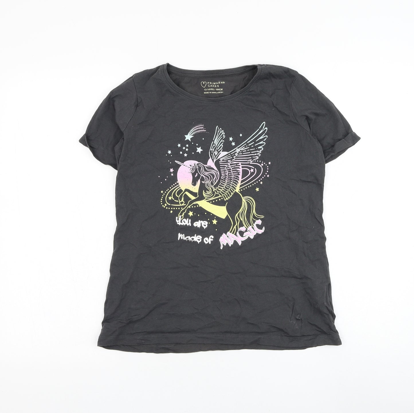 Primark Girls Grey Cotton Basic T-Shirt Size 13-14 Years Round Neck Pullover - Unicorn