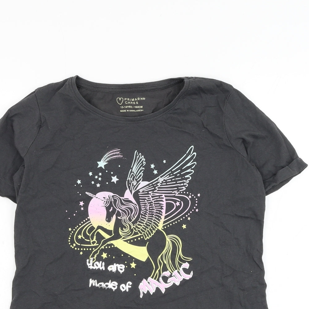 Primark Girls Grey Cotton Basic T-Shirt Size 13-14 Years Round Neck Pullover - Unicorn