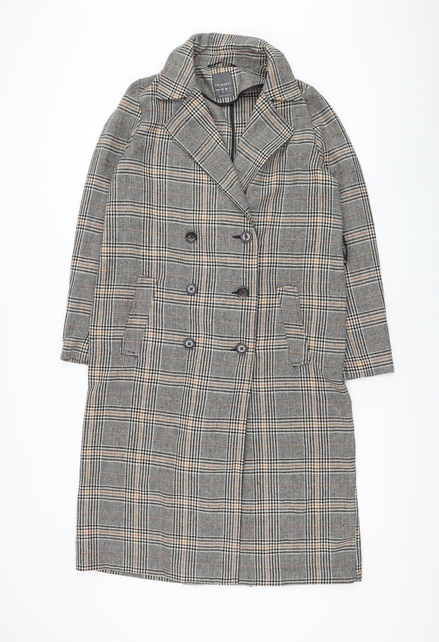 Primark Womens Black Check Overcoat Coat Size 4 Button