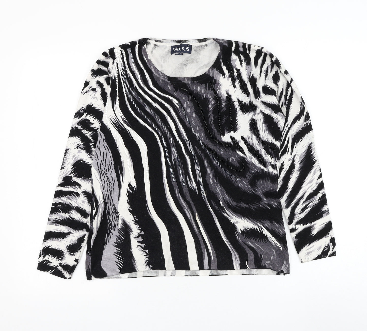 Saloos Womens Black Round Neck Animal Print Viscose Pullover Jumper Size 12