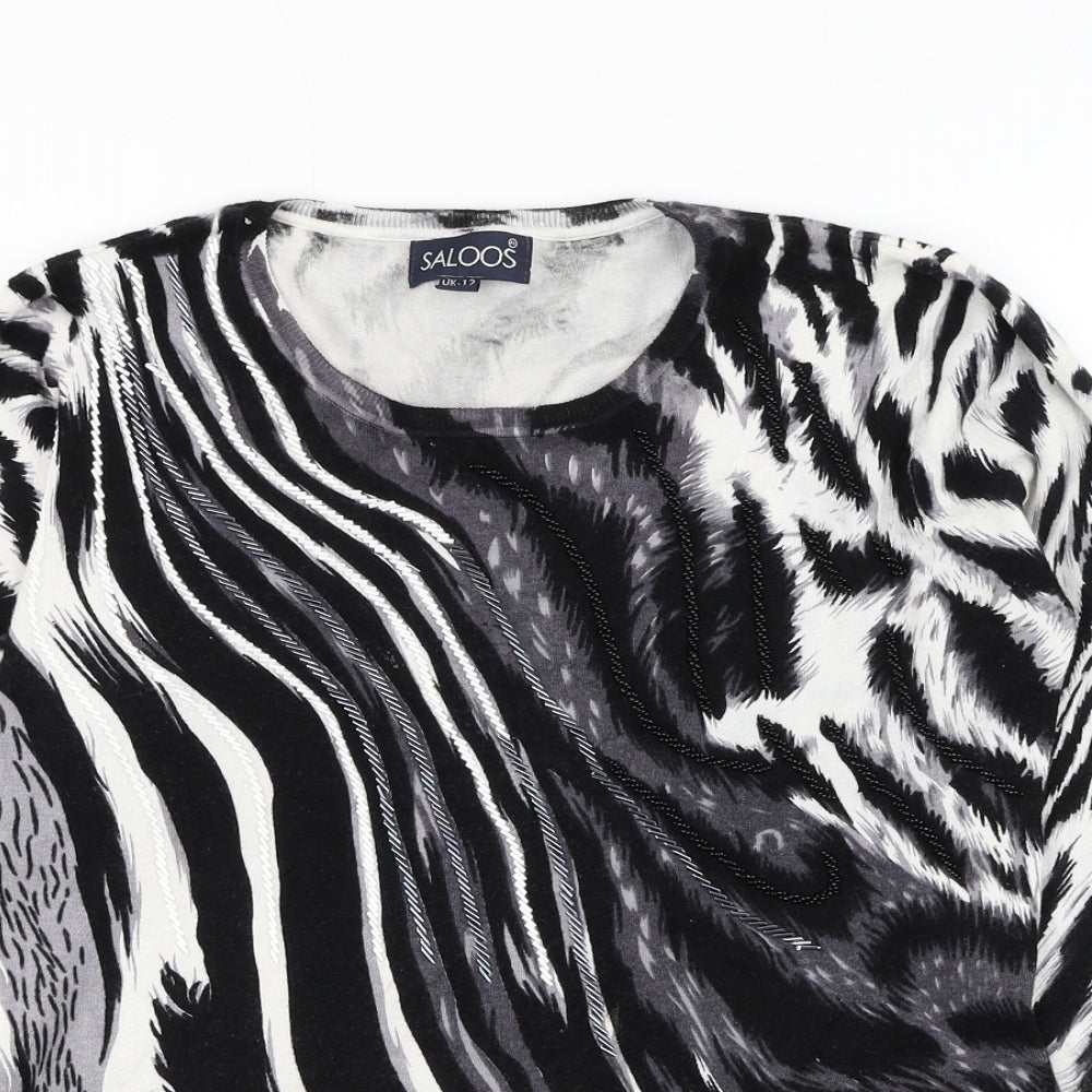 Saloos Womens Black Round Neck Animal Print Viscose Pullover Jumper Size 12