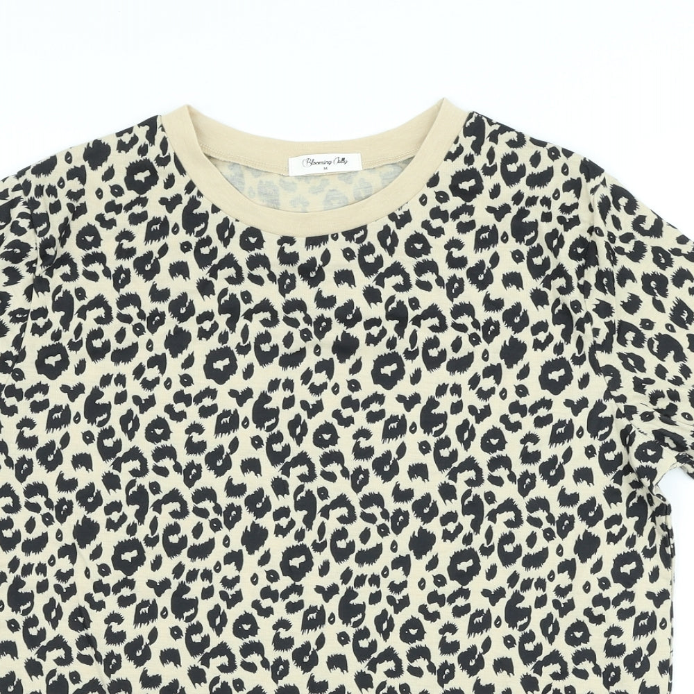 Blooming Jelly Womens Beige Animal Print Basic T-Shirt Size M Crew Neck