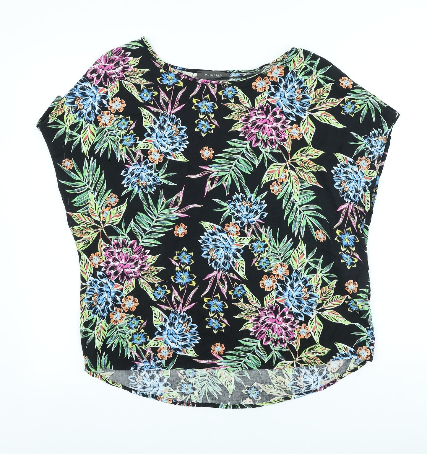Primark Womens Black Floral Viscose Basic T-Shirt Size 14 Scoop Neck