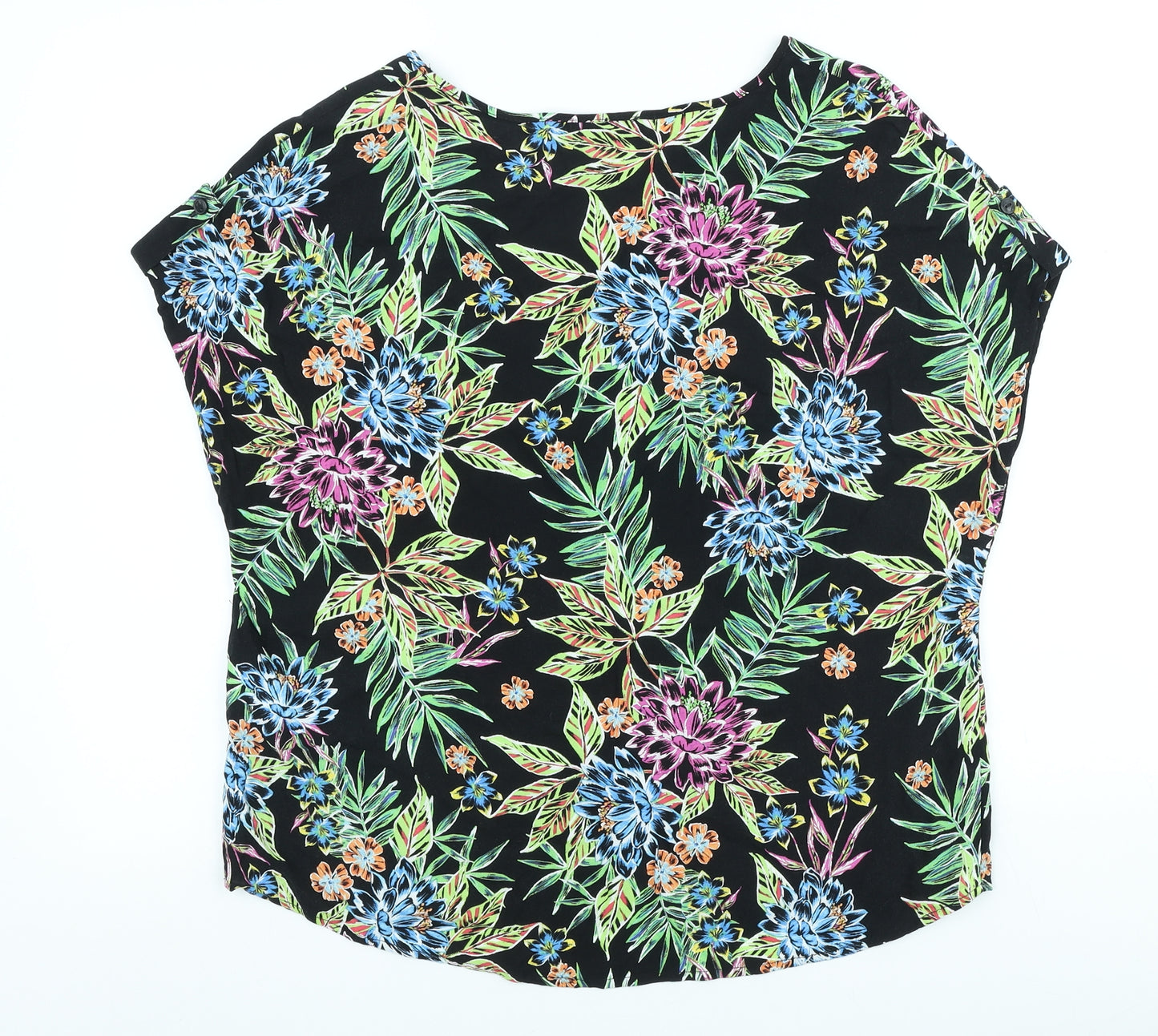 Primark Womens Black Floral Viscose Basic T-Shirt Size 14 Scoop Neck