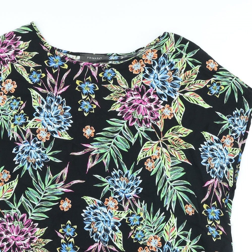 Primark Womens Black Floral Viscose Basic T-Shirt Size 14 Scoop Neck