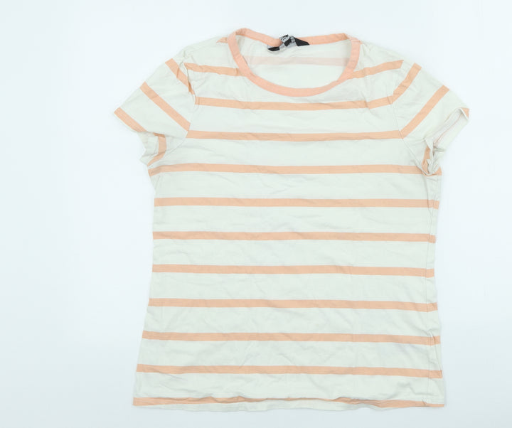 Dorothy Perkins Womens Beige Striped 100% Cotton Basic T-Shirt Size 14 Scoop Neck