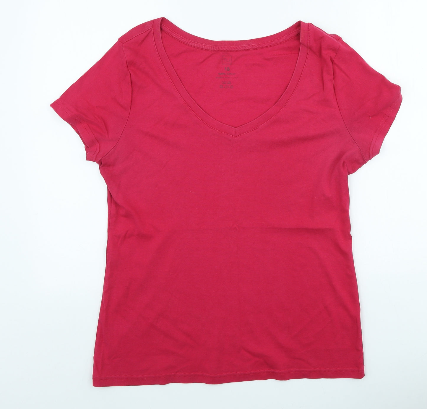 TU Womens Pink 100% Cotton Basic T-Shirt Size 18 V-Neck