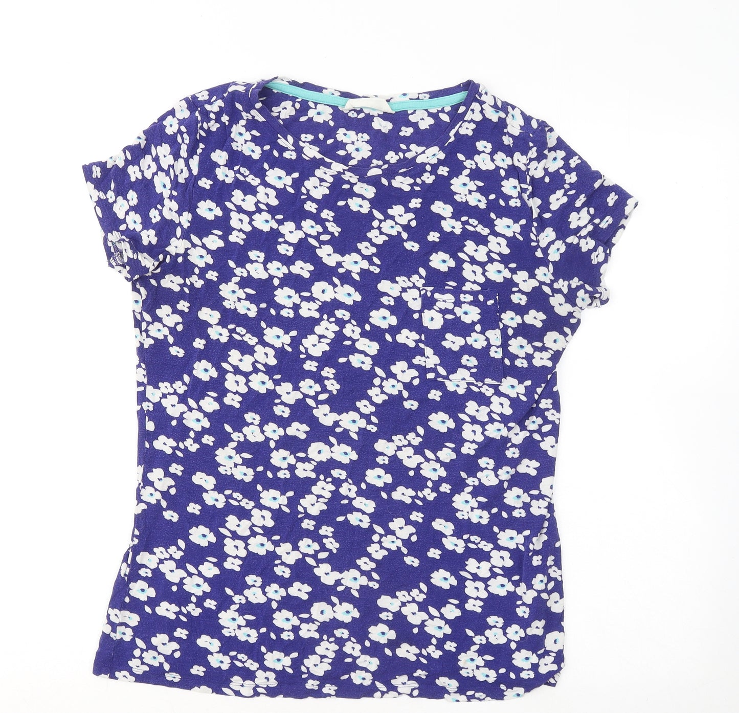 Marks and Spencer Womens Blue Floral Viscose Basic T-Shirt Size 12 Round Neck