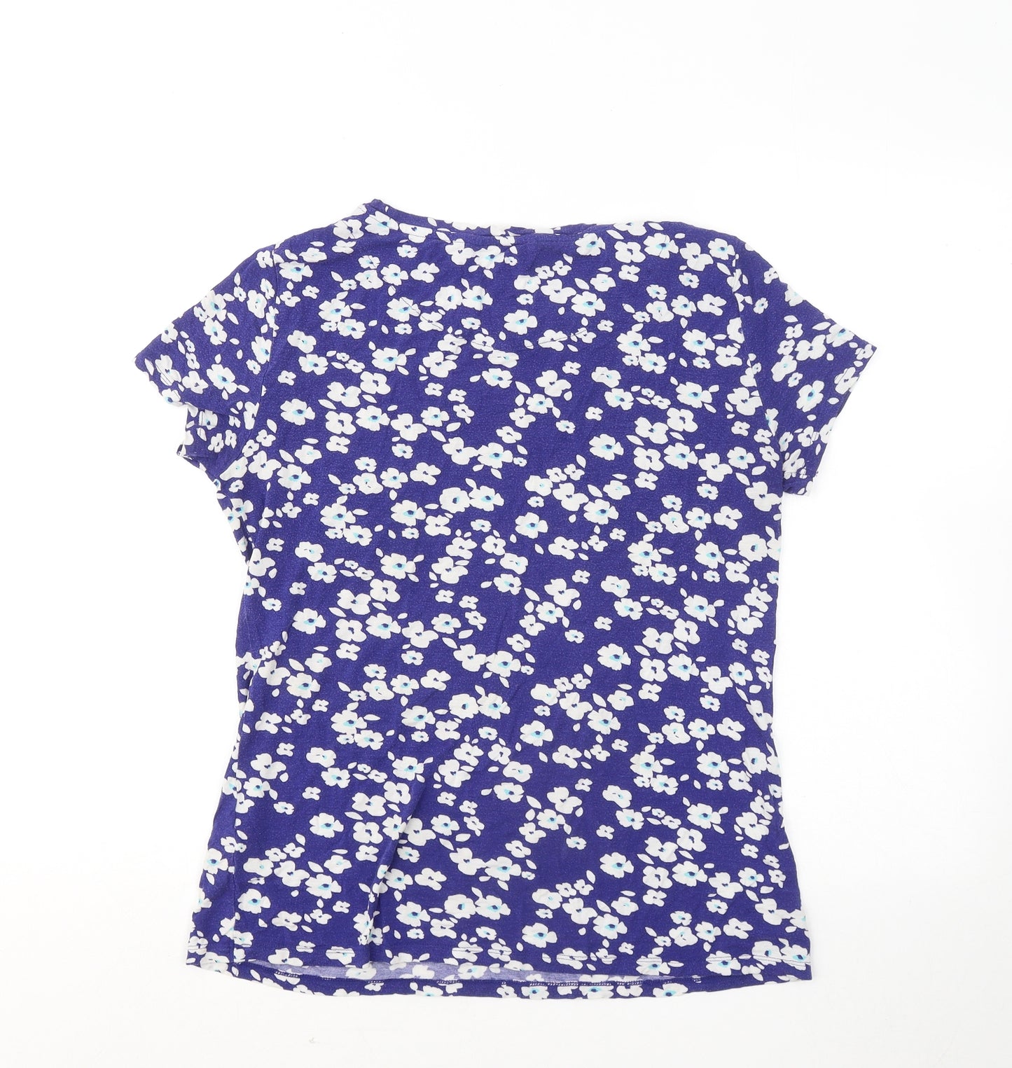 Marks and Spencer Womens Blue Floral Viscose Basic T-Shirt Size 12 Round Neck