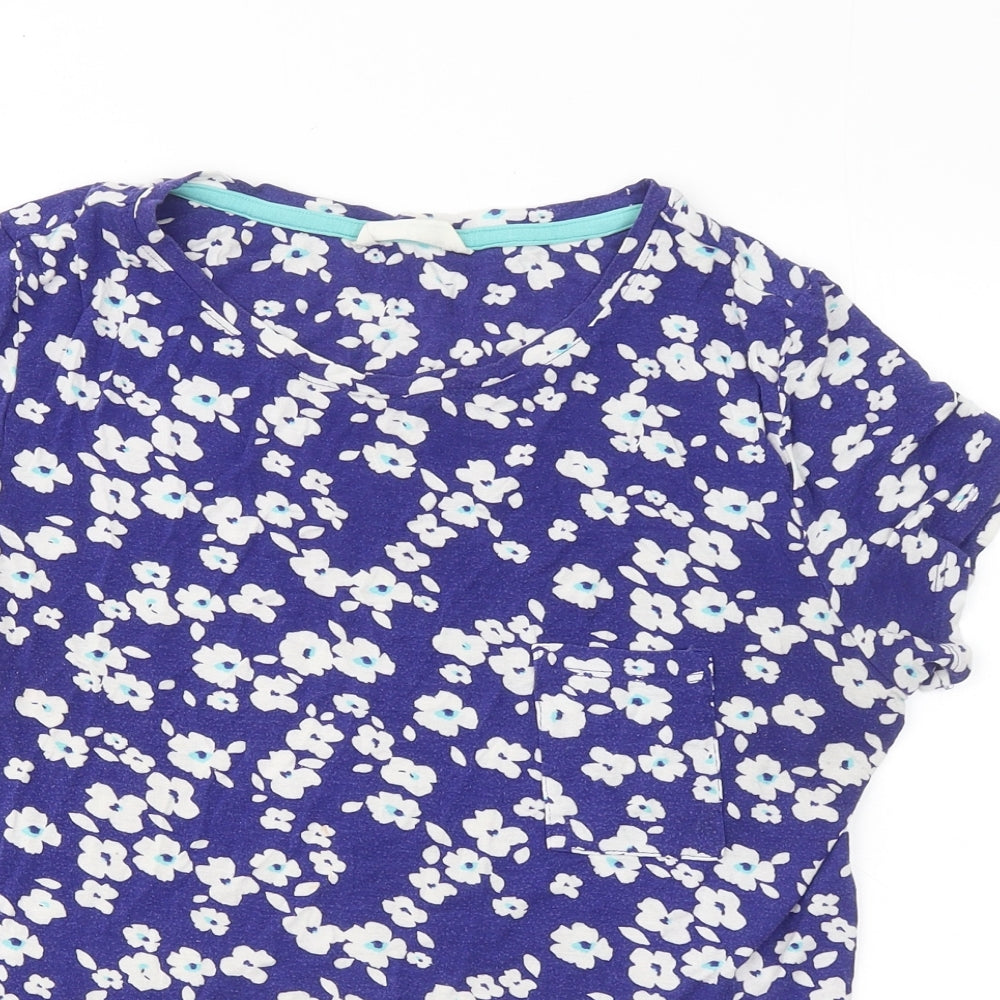 Marks and Spencer Womens Blue Floral Viscose Basic T-Shirt Size 12 Round Neck