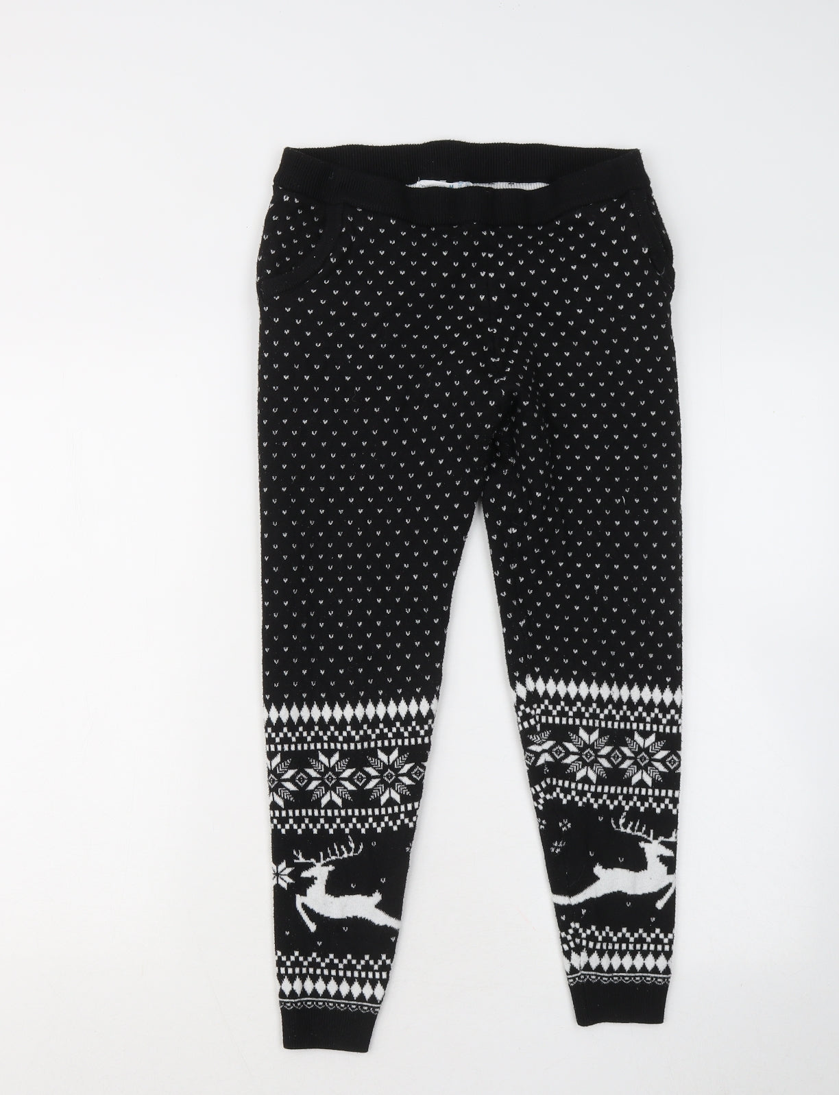 Primark Womens Black Geometric Polyester Jogger Trousers Size 12 L23 in Regular - Christmas